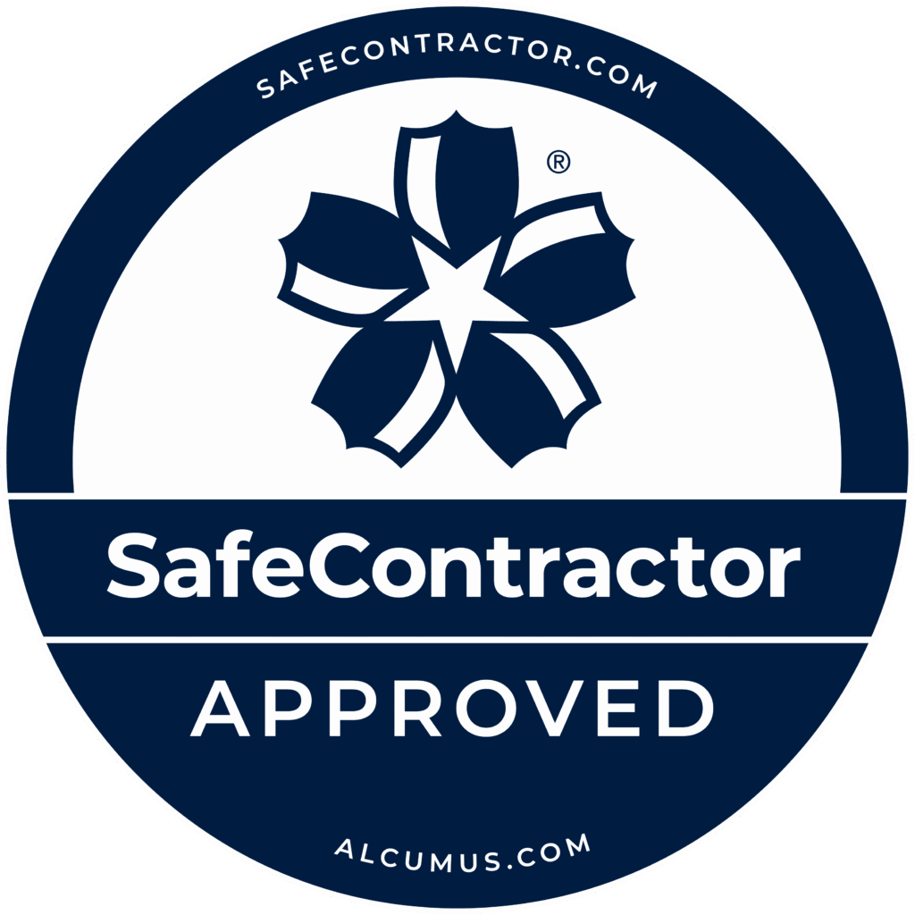 Alcumus SafeContractor “Approved” blue-and-white certification badge.
