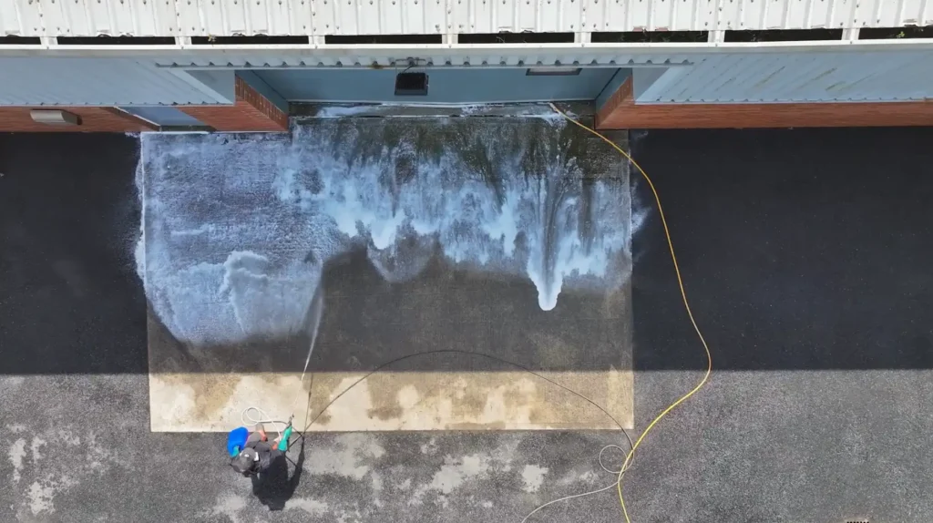 Overhead view of Roundhouse UK operative applying foaming detergent to a warehouse entrance apron before pressure-washing.