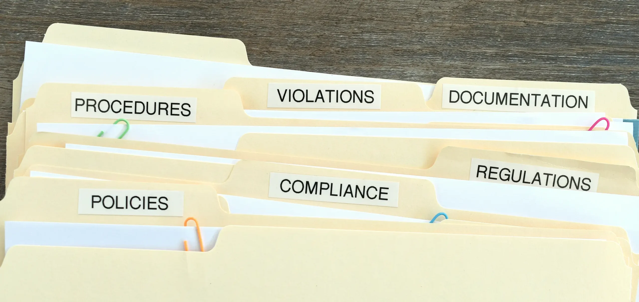 Close-up of labelled file folders with sections for procedures, violations, documentation, policies, compliance, and regulations.