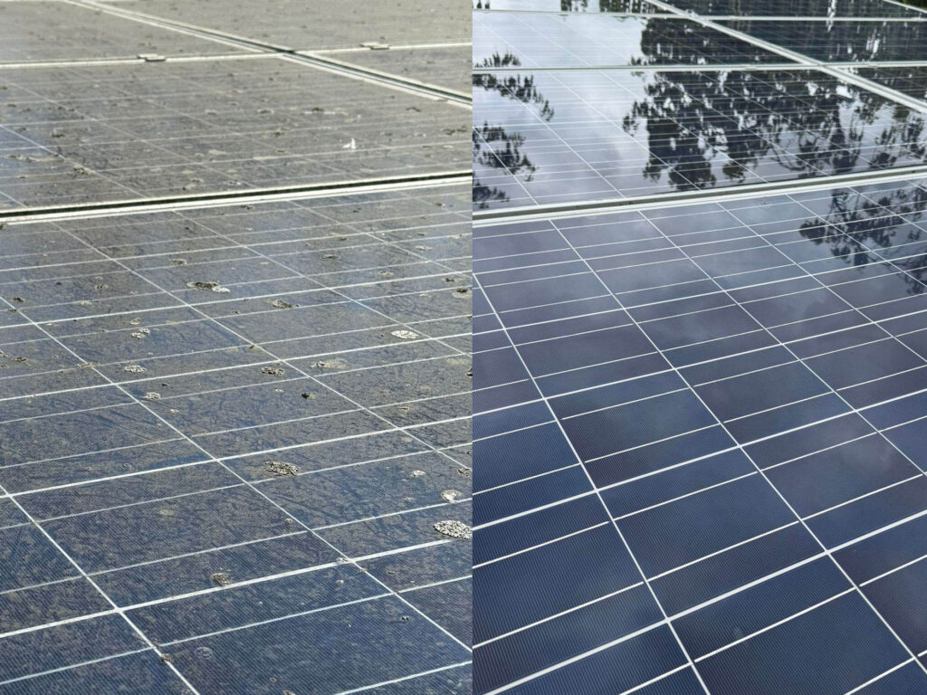 Side-by-side comparison of dirty vs clean solar panels, showing the effectiveness of Roundhouse UK’s professional solar panel cleaning service.