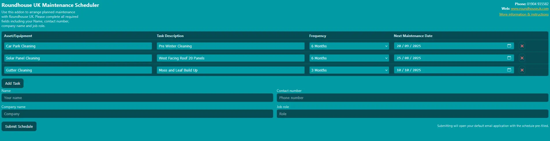 Screenshot of the Roundhouse UK Chrome and Mozilla web add-on for scheduling planned maintenance services.